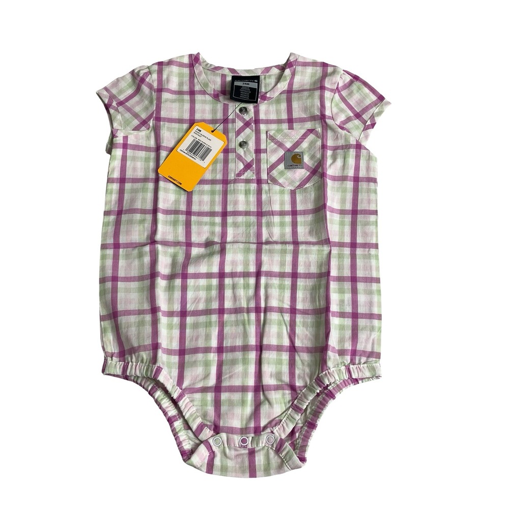 Carhartt Baby Plaid Bodysuit Girls 24M Puff Sleeve Woven Poplin One Piece